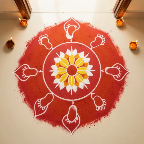 Lakshmi charan (footprints) rangoli: लक्ष्मी चरण रंगोली design for Diwali