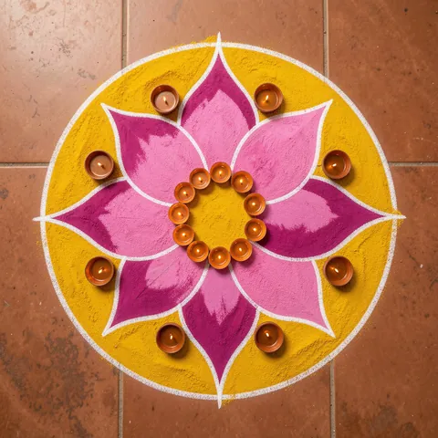 Lotus rangoli with diyas: कमल और दीयों की रंगोली design for Diwali