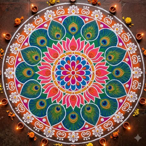 Peacock feather and lotus rangoli: मोरपंख और कमल रंगोली design for Diwali